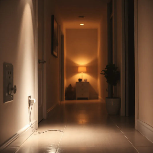 Wall-mounted motion sensor LED night light glowing in a dim hallway