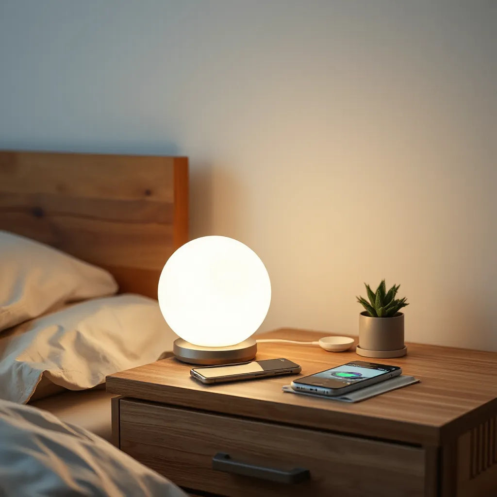 Moon-shaped wireless charging lamp glowing softly on a bedside table with a smartphone charging