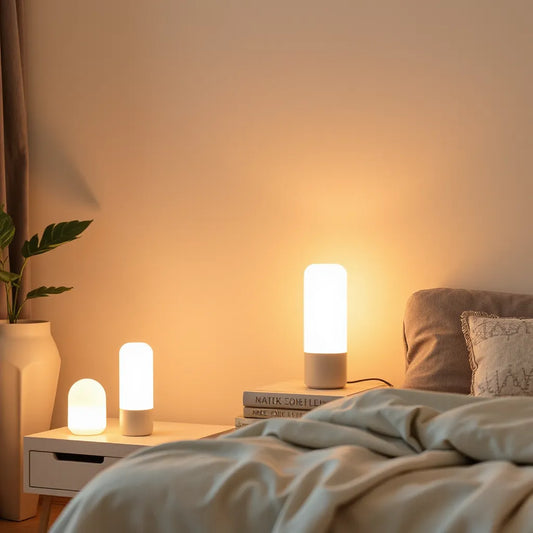 Warm LED ambient lamps creating a cozy glow in a minimalist living room