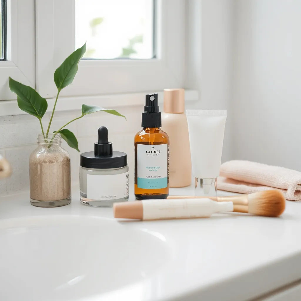 Skincare and personal care essentials arranged on a clean bathroom vanity