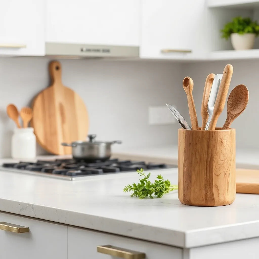 Acacia wood kitchen utensils neatly arranged in a wooden holder on a bright countertop