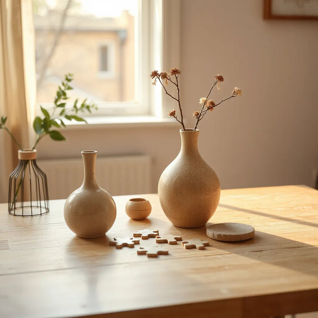 Assembled 3D puzzle vases on a tidy table with one partially assembled puzzle vase.