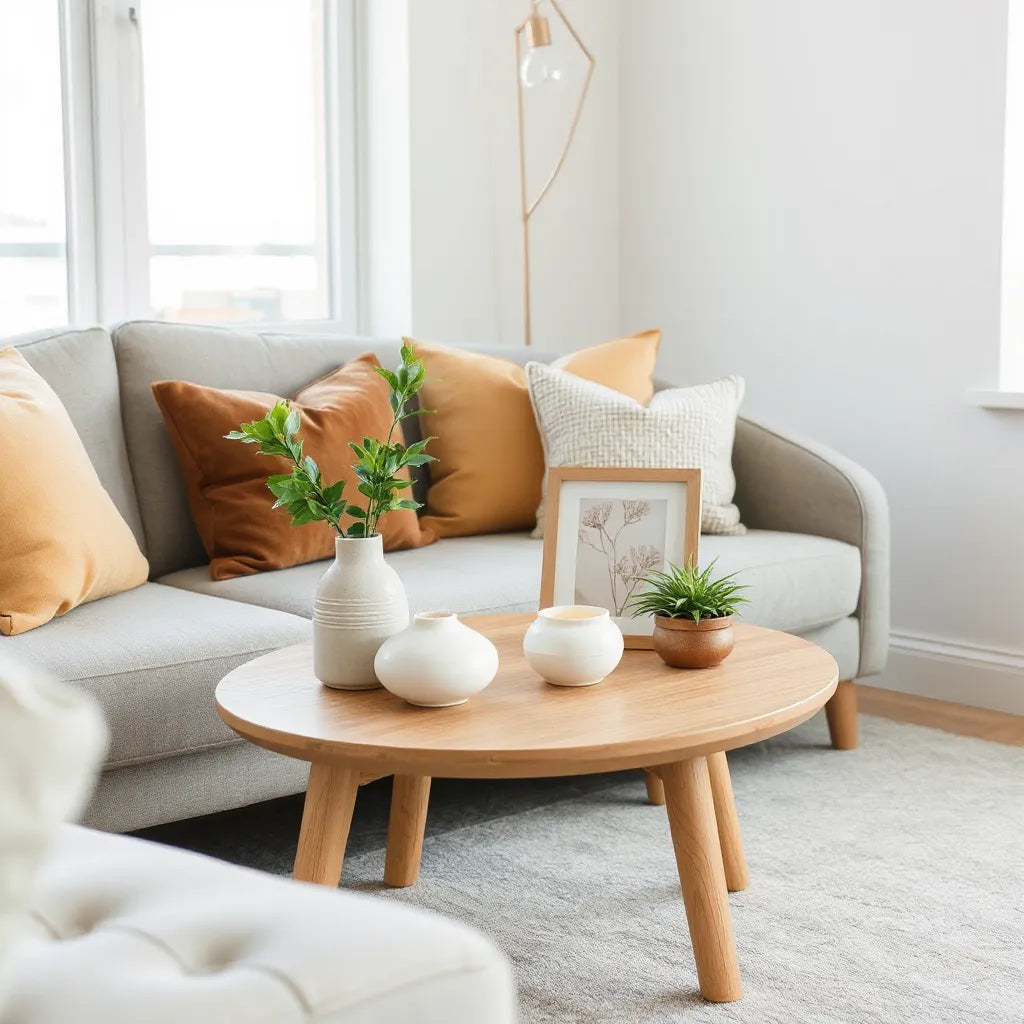 Neatly styled living room table with unique decor gifts like vases, a candle holder, and a framed print