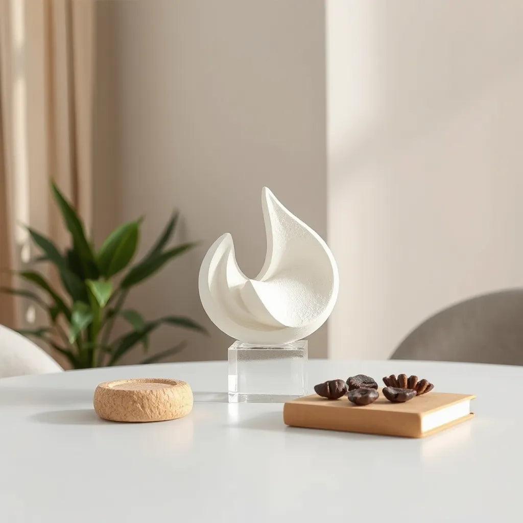 Matte geometric 3D printed sculpture ornament on a clear stand in soft natural light