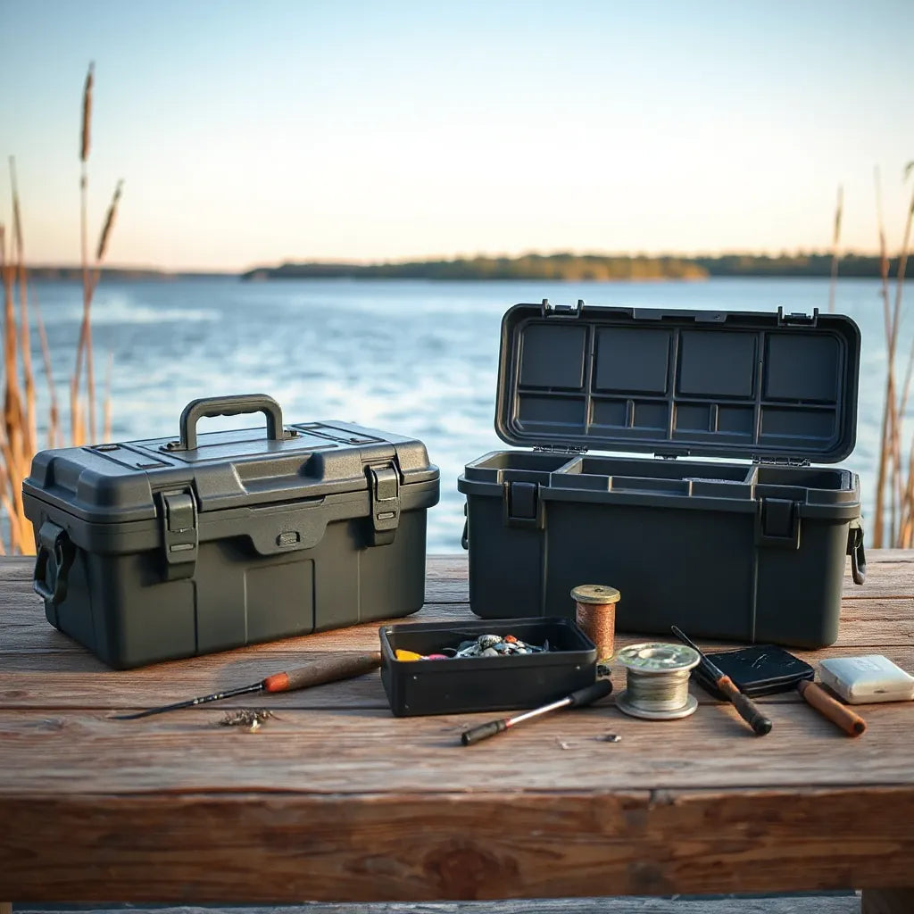 Fishing tackle boxes on a workbench with neatly organized compartments and fishing accessories
