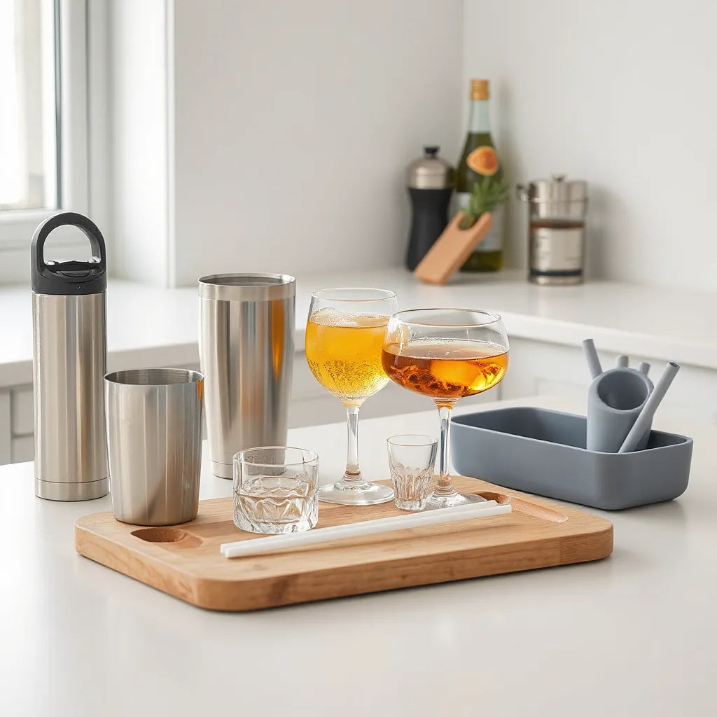 Assorted premium beverage accessories on a clean countertop with glassware and tools