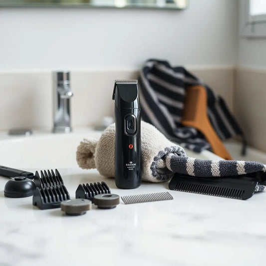 Electric hair trimmer with guard attachments on a tidy bathroom countertop