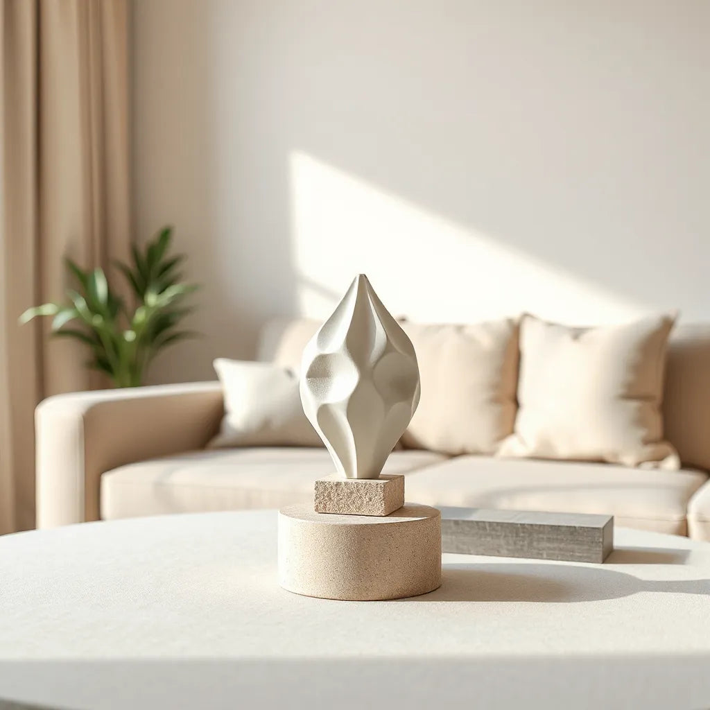Matte geometric 3D printed sculpture ornament on a minimalist pedestal in soft natural light