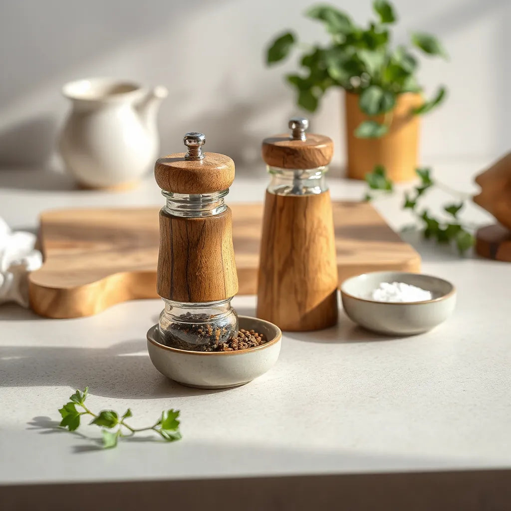 Wood and metal manual pepper and salt grinders with salt and pepper nearby on a kitchen table