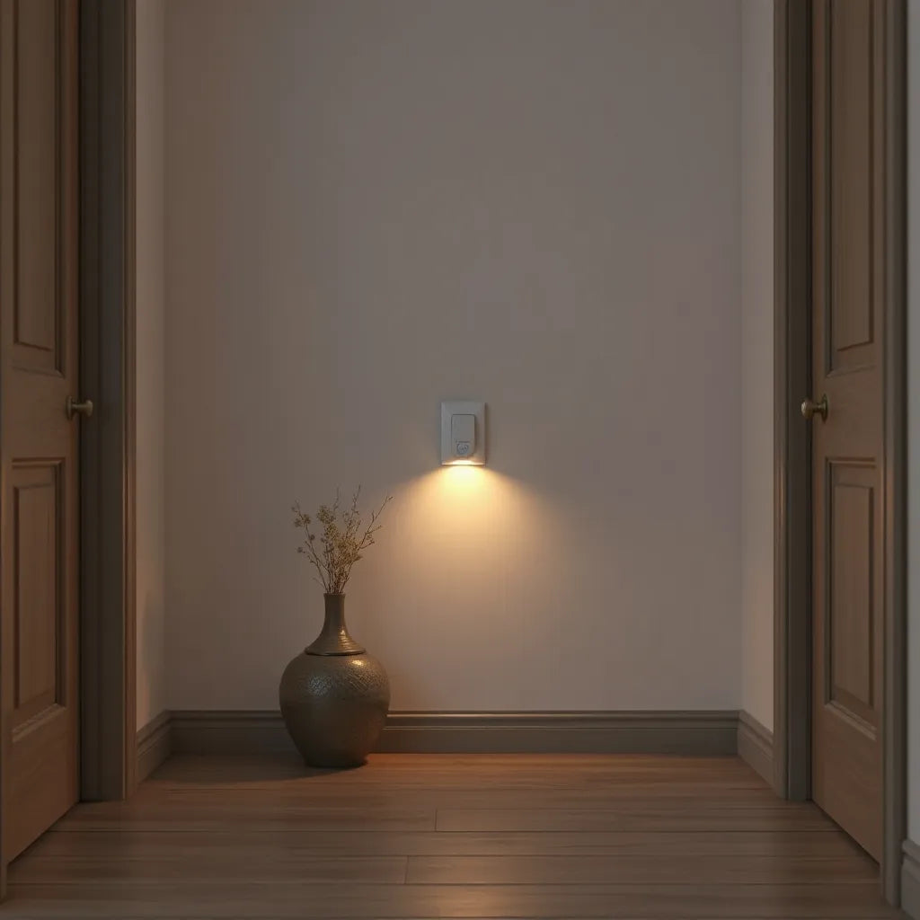 Warm LED night light with motion sensor glowing in a quiet hallway near a wall outlet