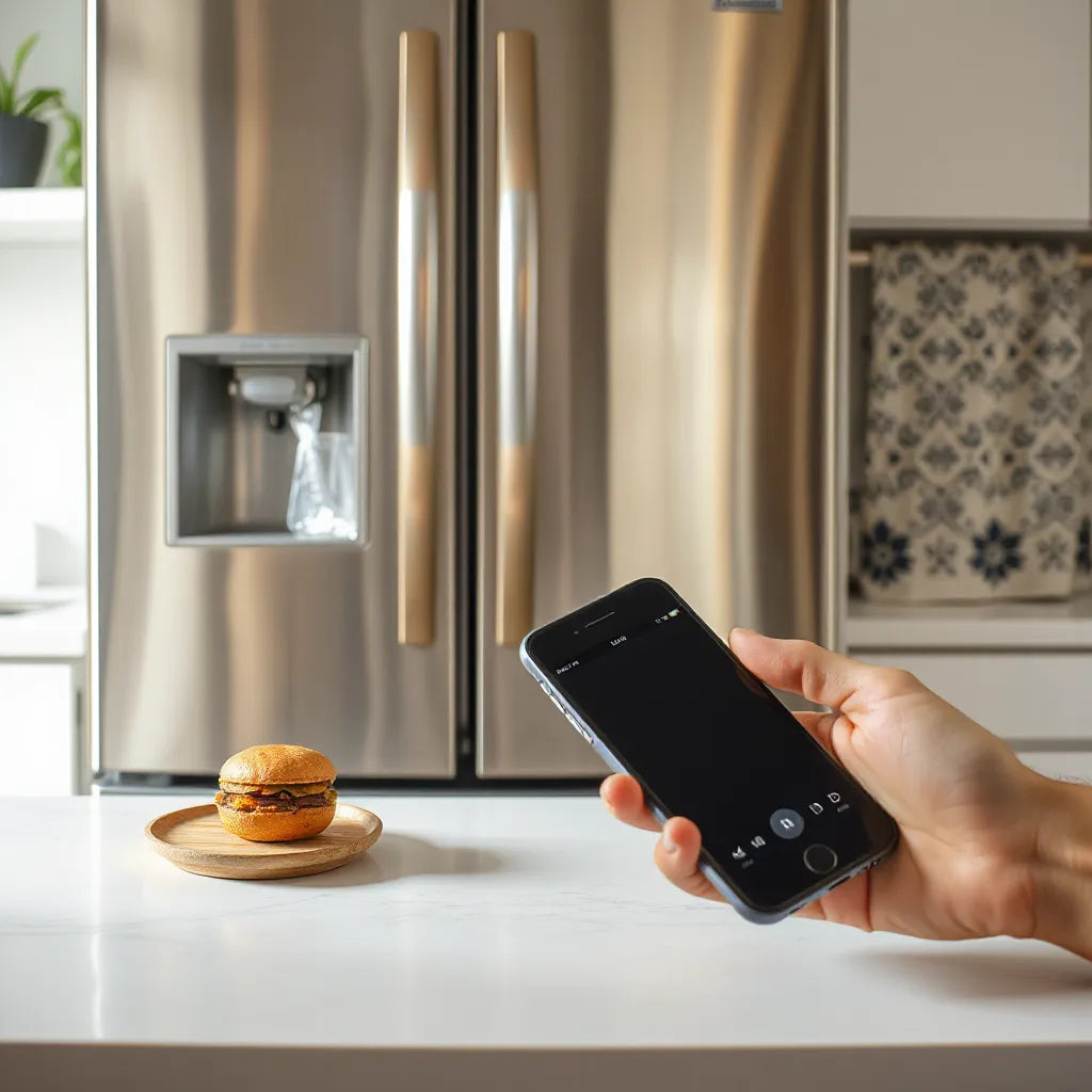 NFC-enabled singing magnet on a refrigerator with a smartphone held nearby to trigger sound