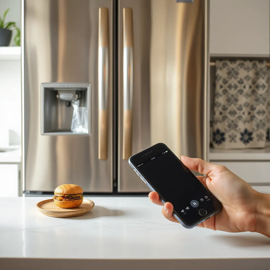 NFC-enabled singing magnet on a refrigerator with a smartphone held nearby to trigger sound