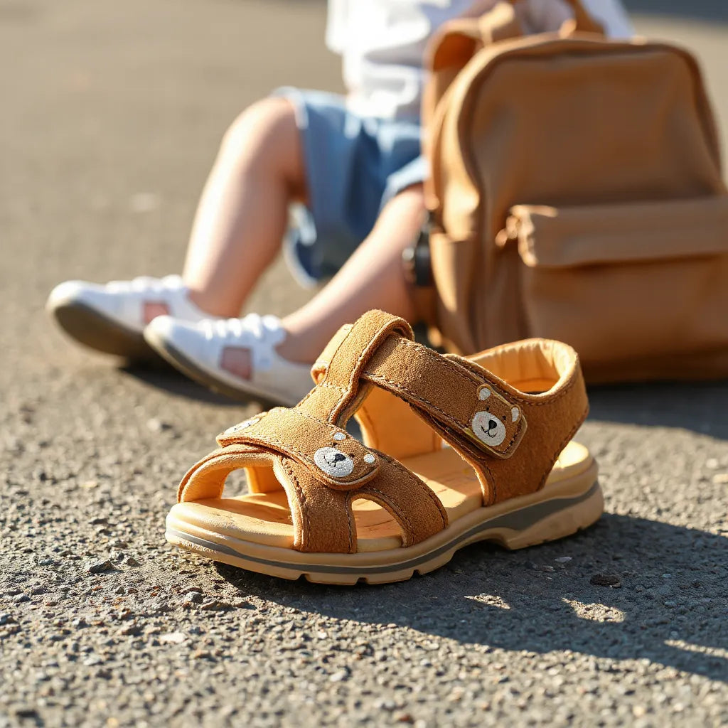 Kids bear-themed sandals with adjustable straps and cushioned footbed on a sunny pavement