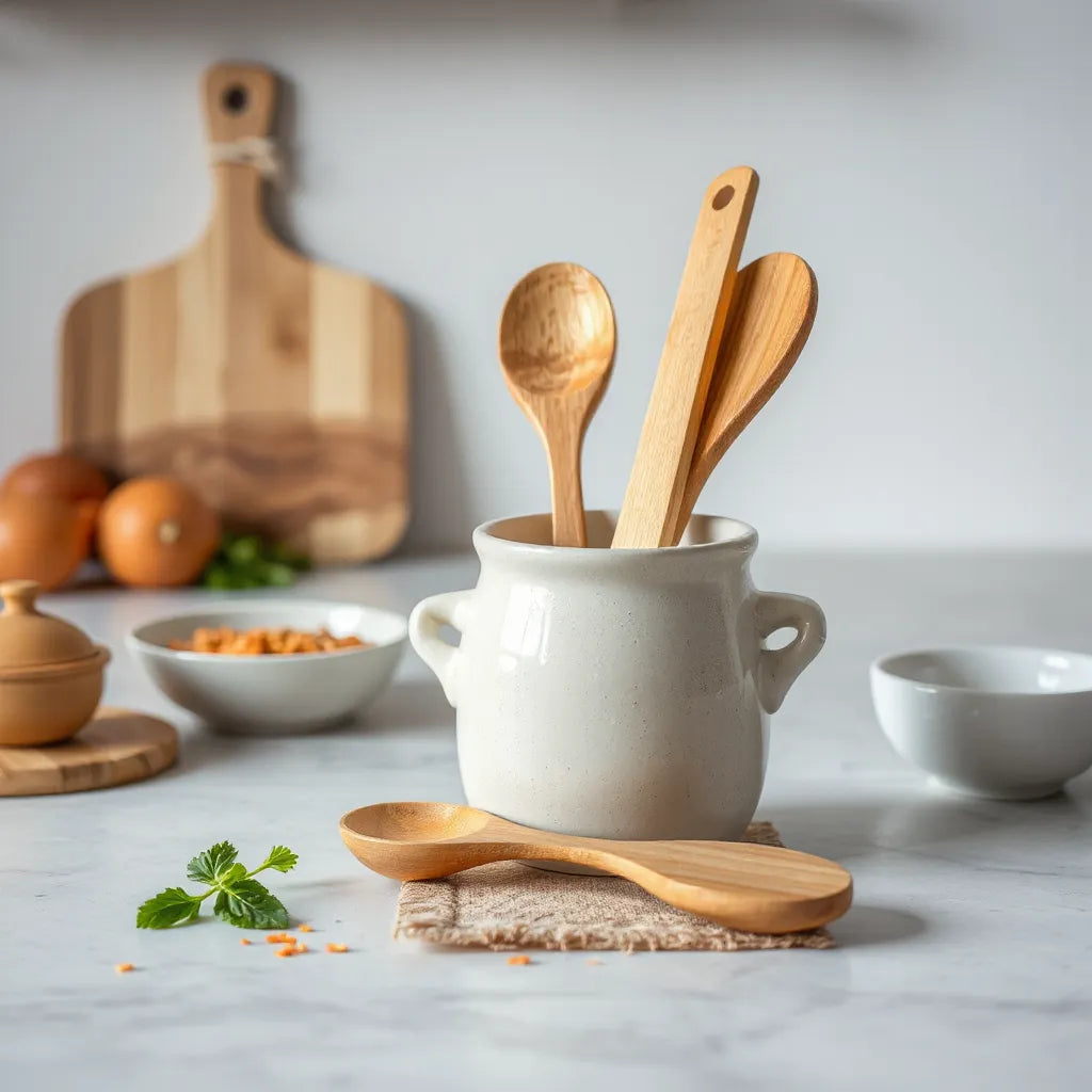 Wooden spoon, spatula, and ladle set arranged in a ceramic crock on a kitchen countertop
