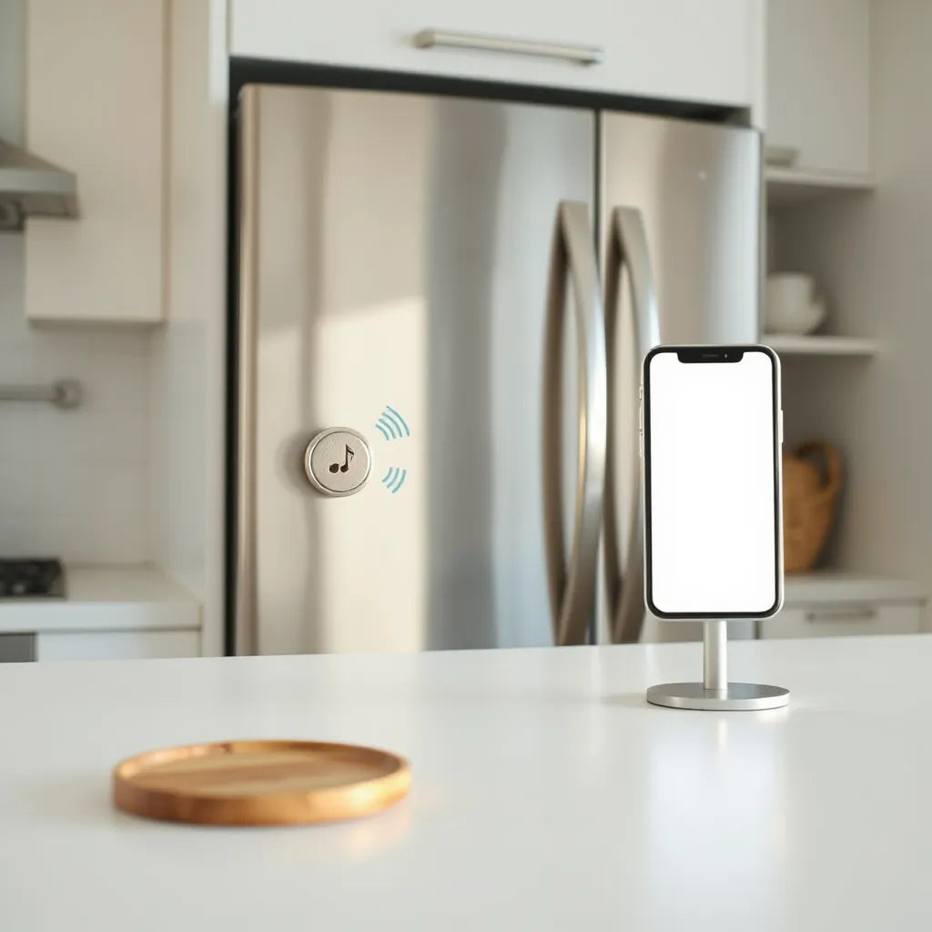 NFC singing refrigerator magnet attached to a stainless fridge with soft sound waves and a nearby smartphone