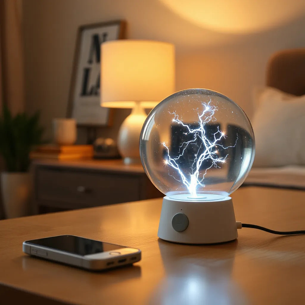 Touch-sensitive plasma ball night light glowing on a bedside table with soft warm background light