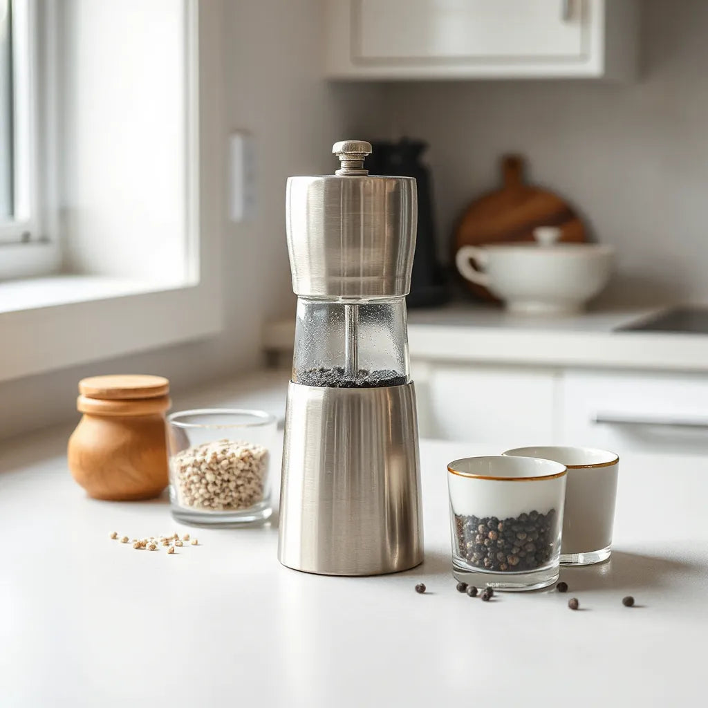 Stainless pepper and salt grinder mill with peppercorns and coarse salt on a neutral countertop