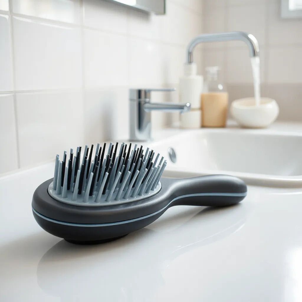 Self-cleaning hair brush with visible bristles on a bathroom countertop near a sink