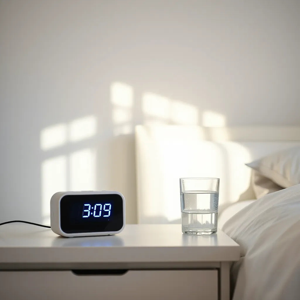 Modern digital wake-up clock on a bedside table with soft colored light in a bright bedroom