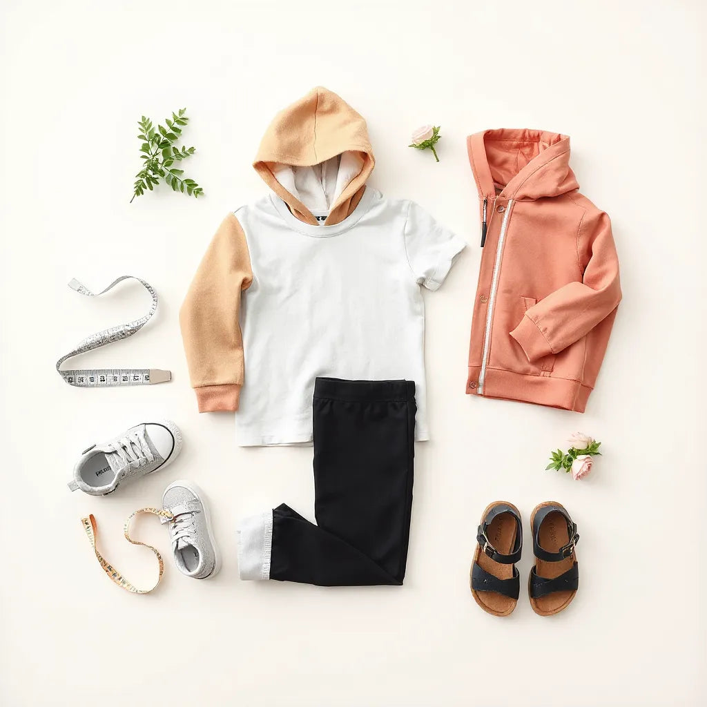 Kids’ outfits and comfortable sneakers with a measuring tape for size and fit guidance