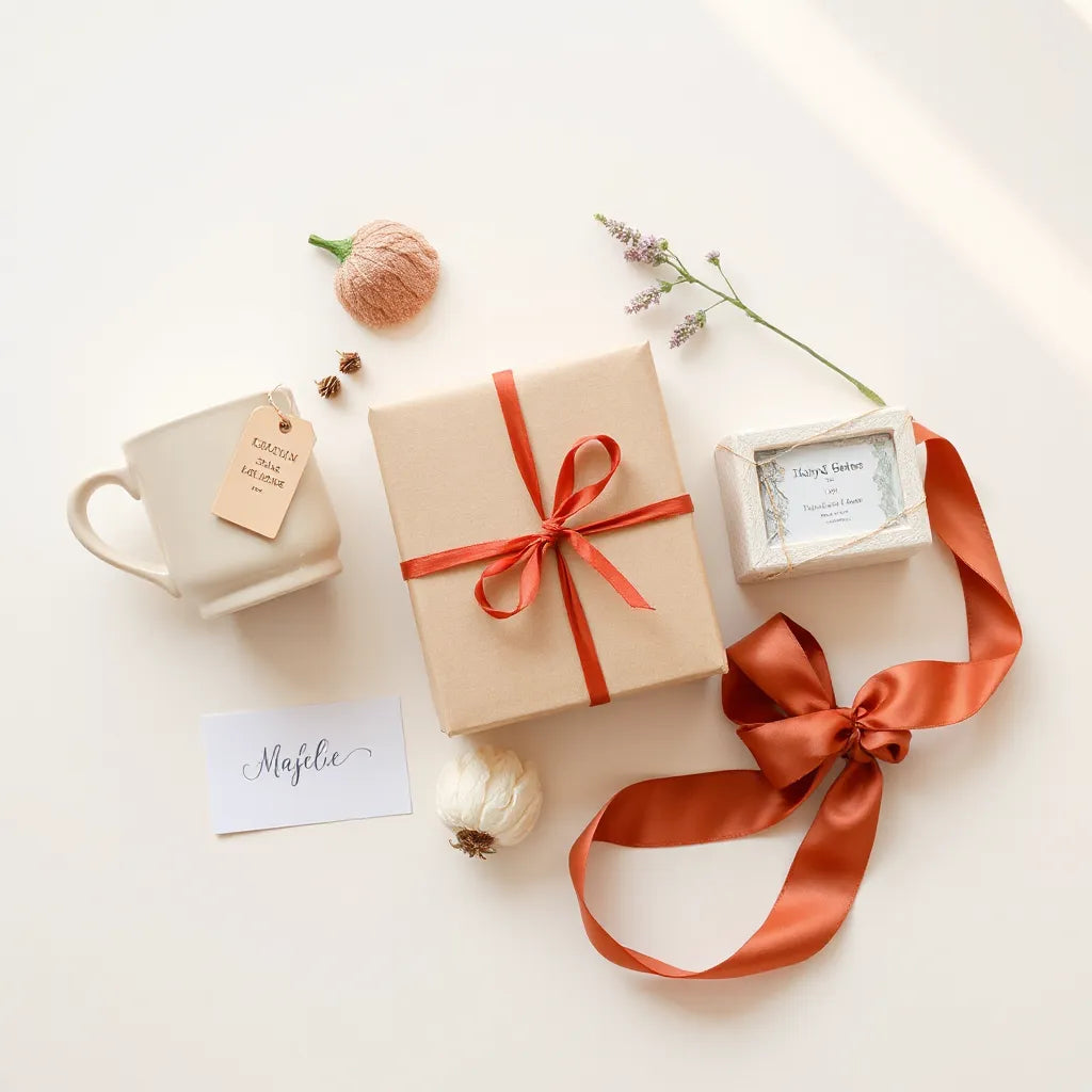 Thoughtful personalized gifts with engraved tags, a custom mug, and a keepsake box on a clean background