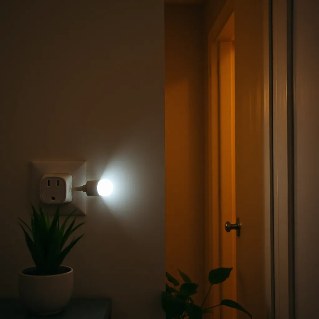 Motion-sensing LED night light glowing softly in a hallway corner at night