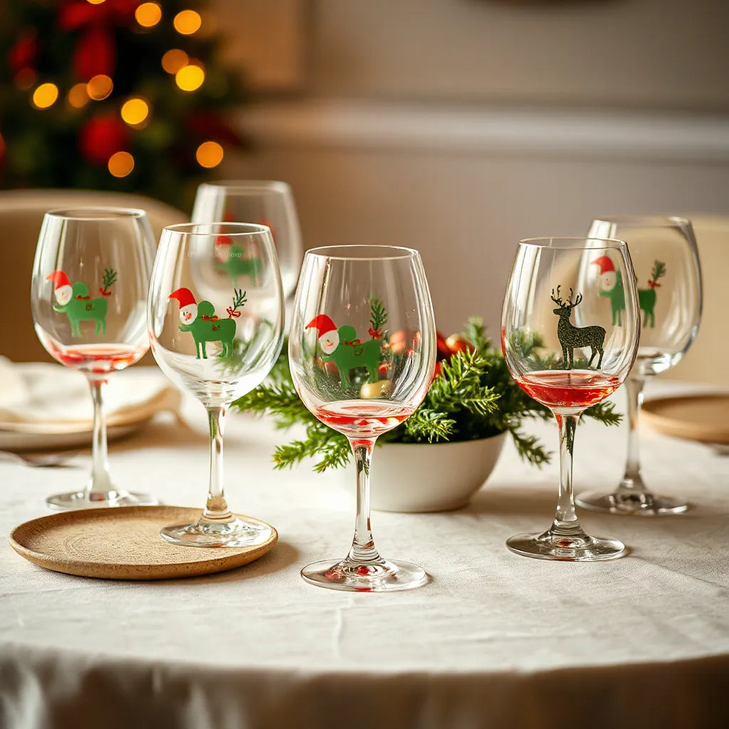 Festive dining table with Christmas character stemmed glasses and a simple evergreen centerpiece
