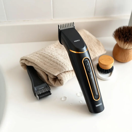 Electric hair trimmer with guards and an electric razor on a bathroom counter with a towel