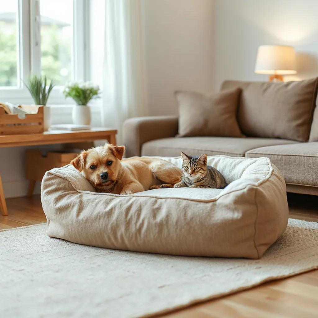 Dog and cat resting on a plush cosy pet bed in a warm living room