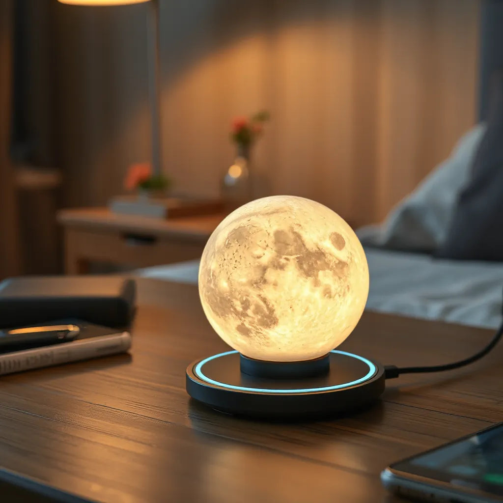 Moon-shaped lamp glowing warmly on a bedside table with a wireless charging base beneath