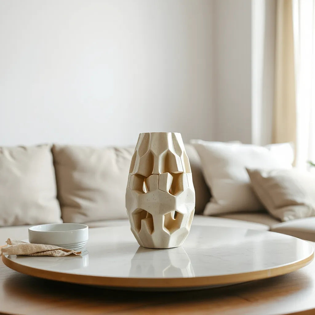Geometric 3D puzzle decorative vase centerpiece on a neutral table with soft daylight
