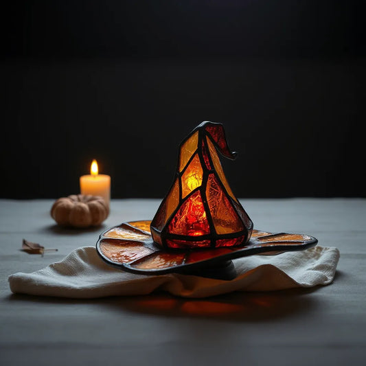 Stained glass witch hat decoration with jewel-tone panels glowing on a tabletop