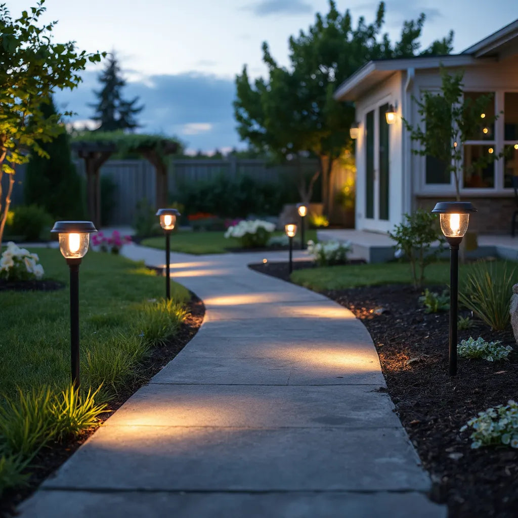 Warm solar lights illuminate a garden pathway with surrounding greenery at dusk