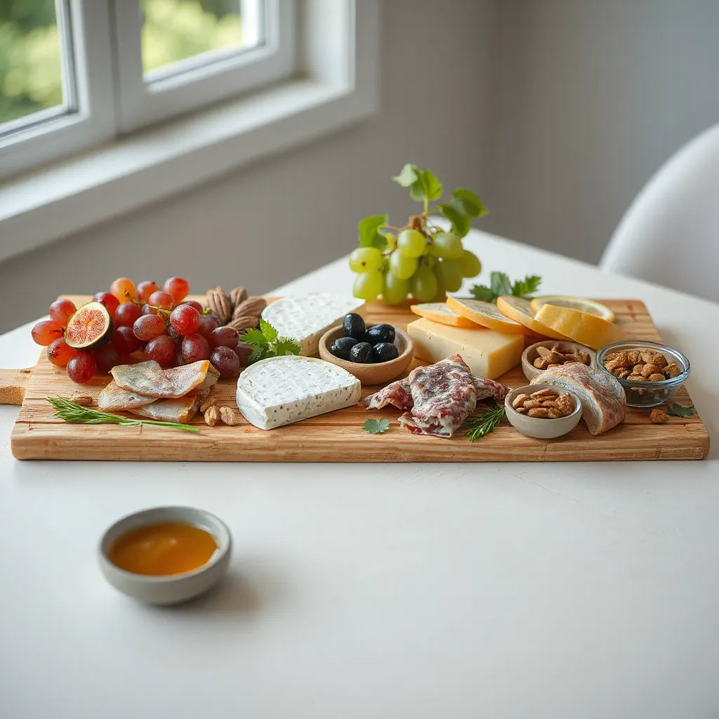 Bamboo charcuterie board with cheeses, cured meats, fruit, and small bowls of honey and nuts