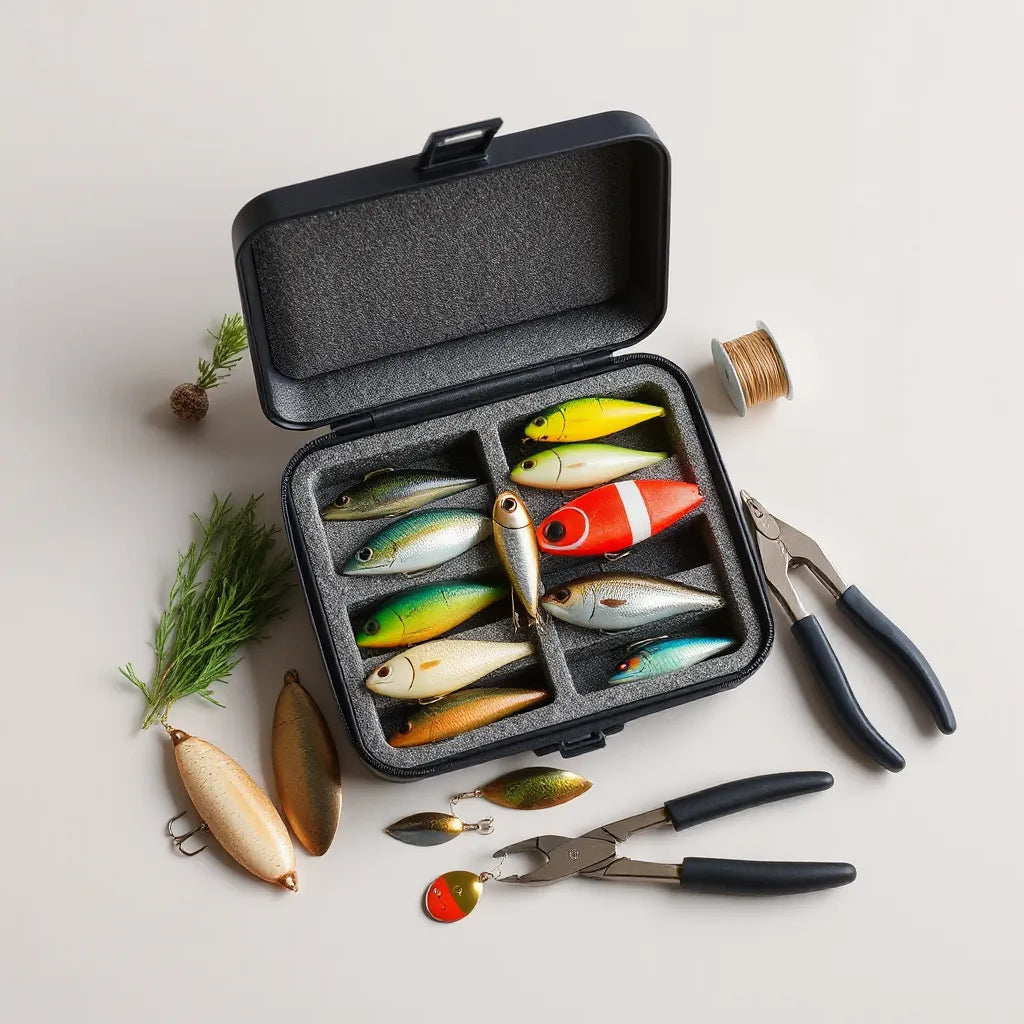 Assorted fishing lures arranged in a gift set with tackle box compartments and simple fishing accessories