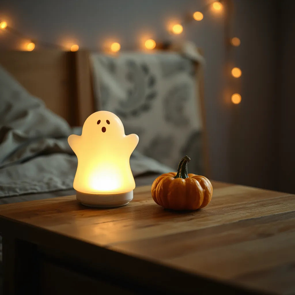 Ghost-shaped resin night light glowing beside a carved pumpkin on a wooden table