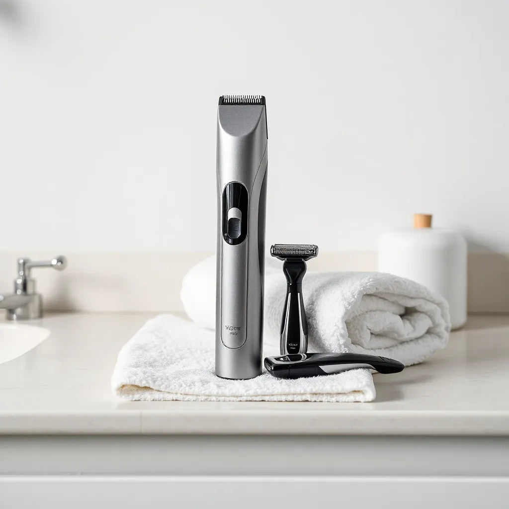 Plush electric hair trimmer and electric razor on a clean towel in a bright bathroom setting