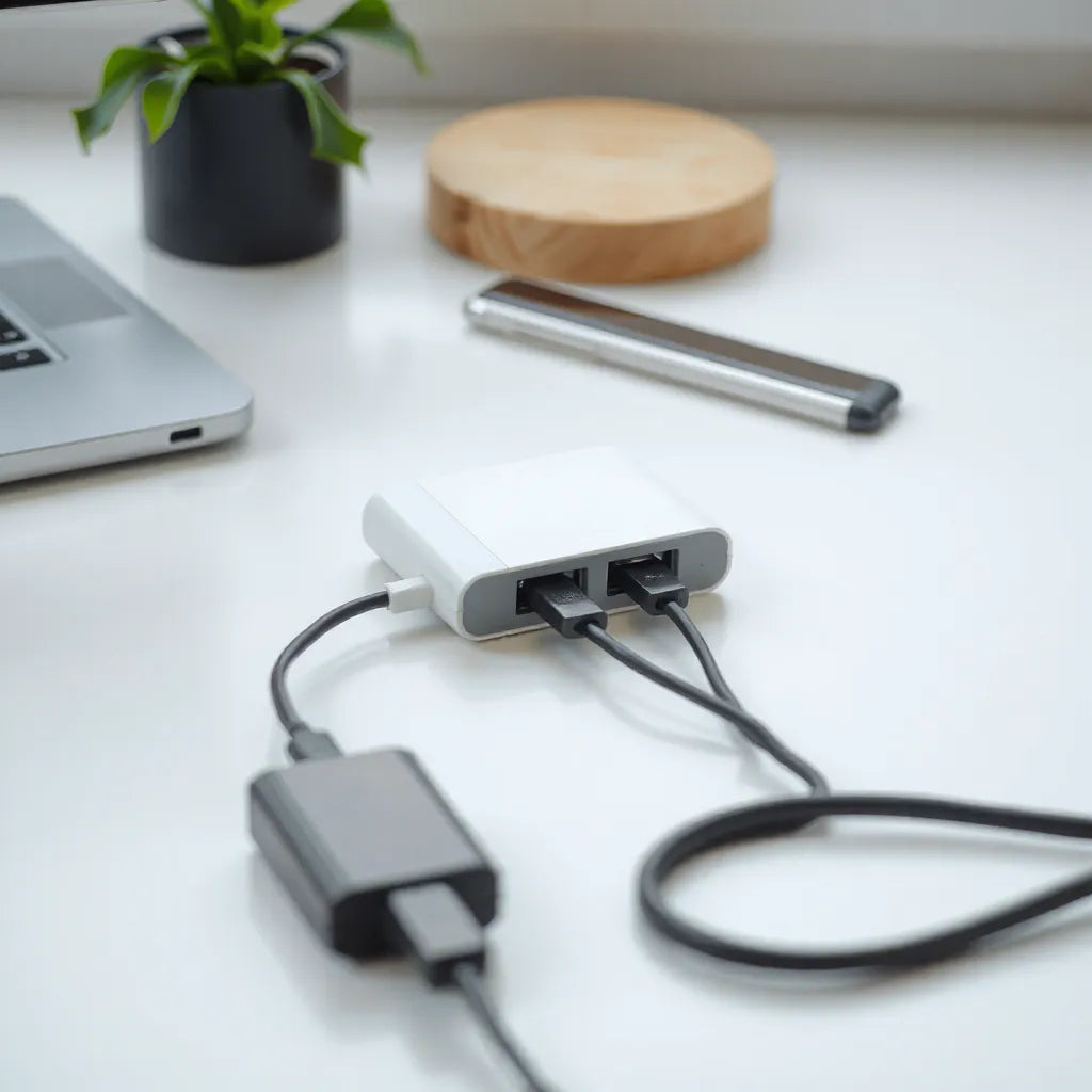 Fast charging cable separator keeping two charging cables neatly separated on a desk