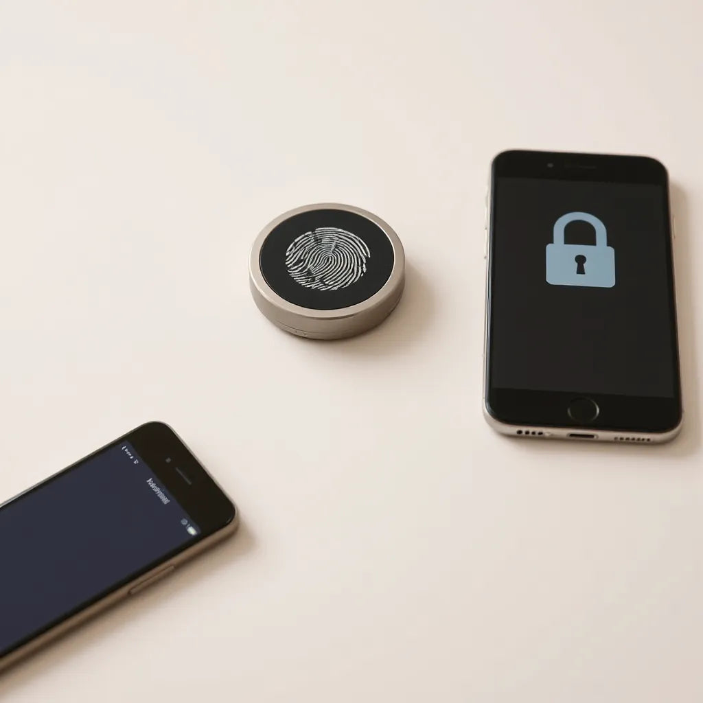 Modern Bluetooth fingerprint padlock with visible fingerprint sensor next to a smartphone on a clean tabletop