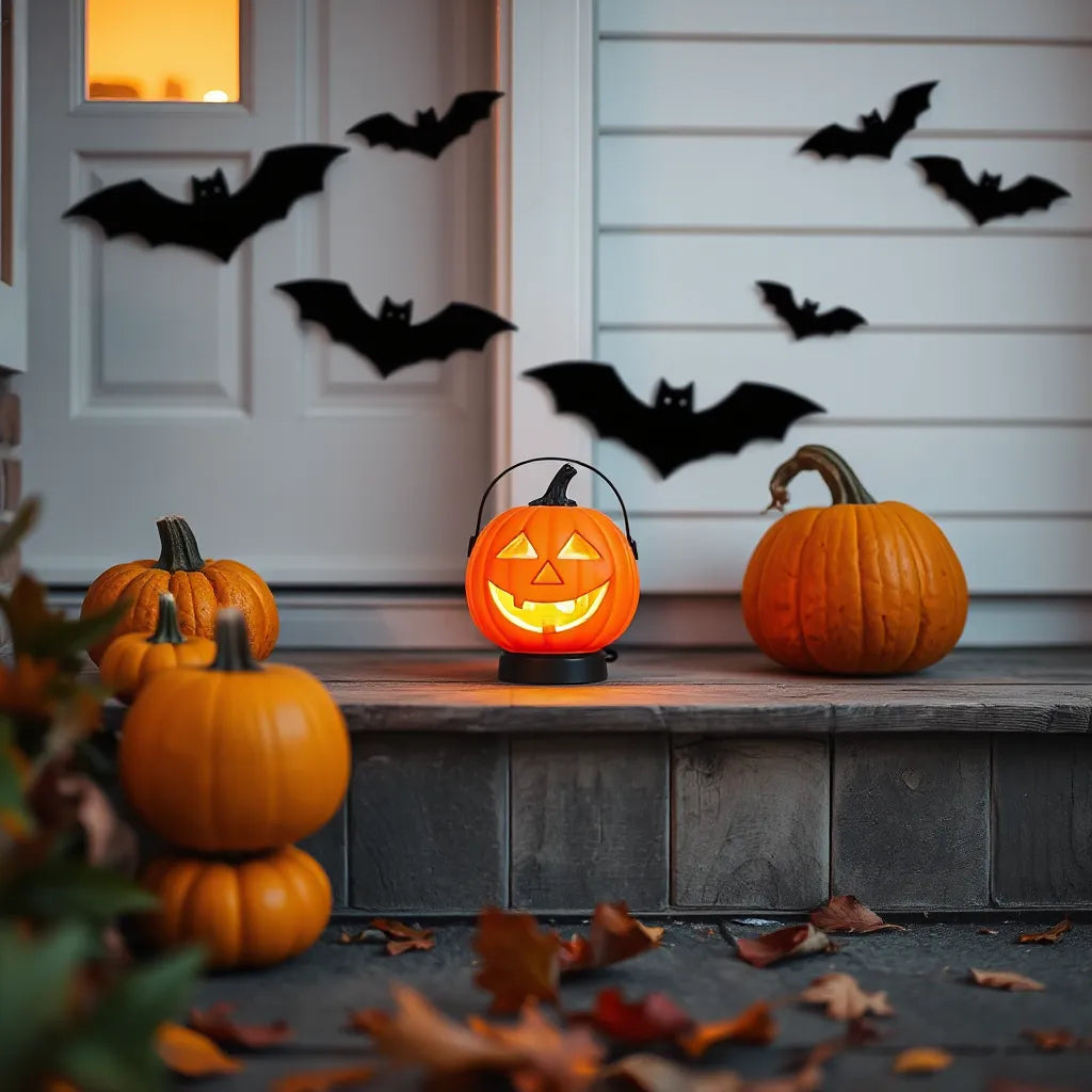 Jack-o-lantern Halloween LED lamp casting warm light beside pumpkins on a porch