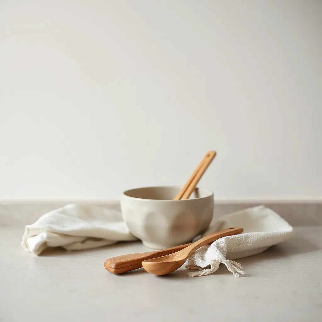 Acacia wood kitchen utensils on a clean countertop with a dish towel and small bowl