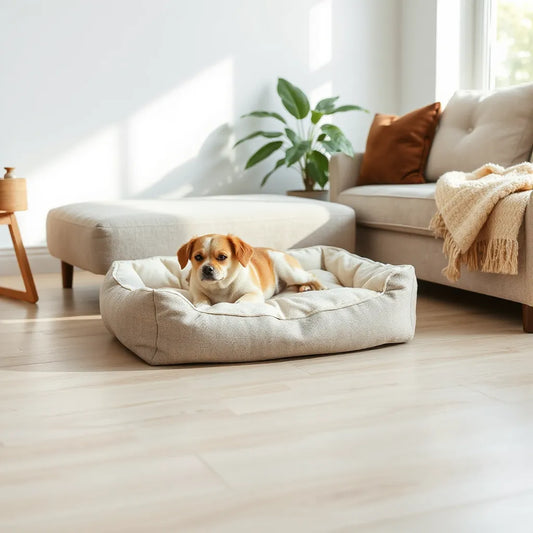 Cozy pet bed with soft cushioning in a bright living room where a pet is resting comfortably