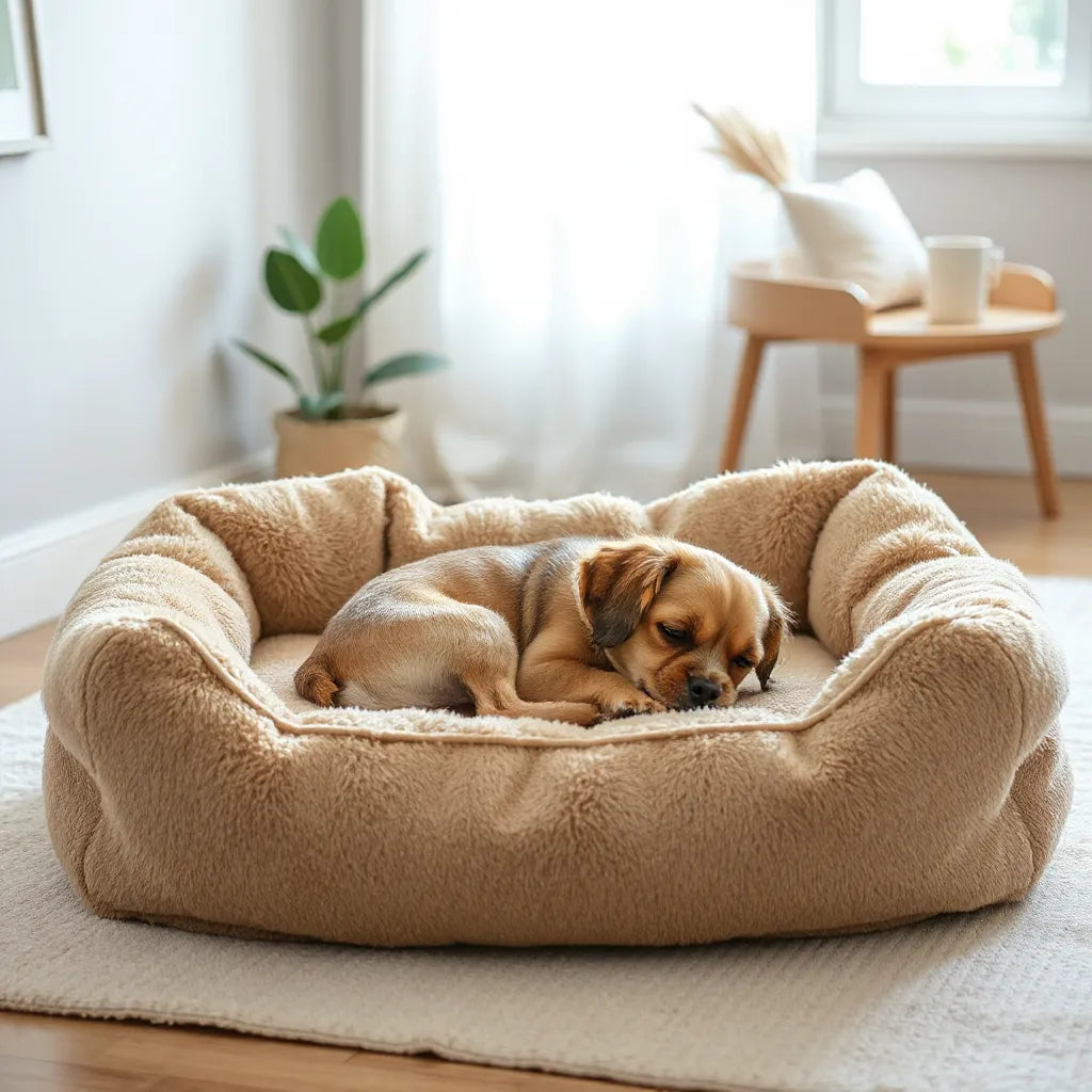 Small dog resting on a soft plush bed in a cozy living room