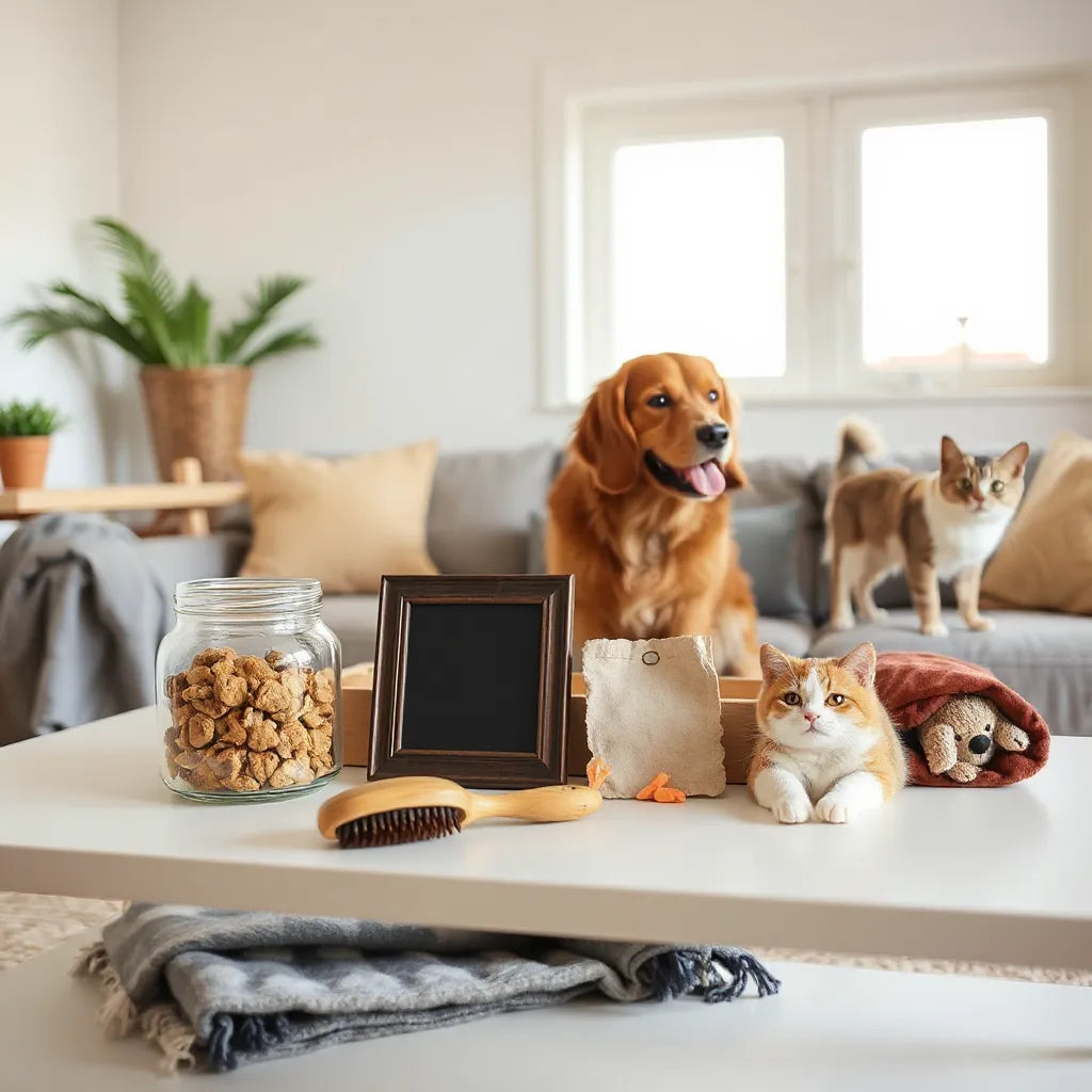 Assorted thoughtful gifts for pet owners beside a friendly dog and cat in a bright living room