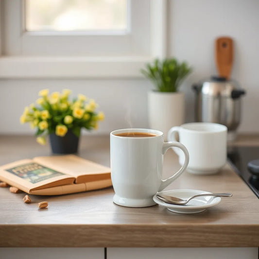 Creative book stack mug with warm coffee on a tidy countertop in soft natural light