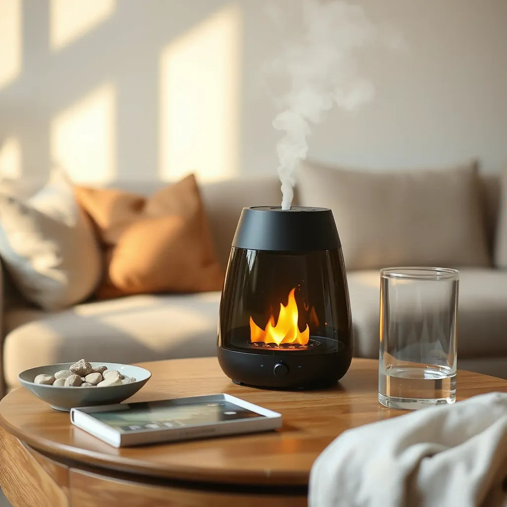 Modern humidifier with a 3D simulated fireplace flame effect and soft mist on a bedside table