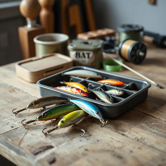 Assorted fishing lures and a tackle box arranged neatly on a wooden workbench