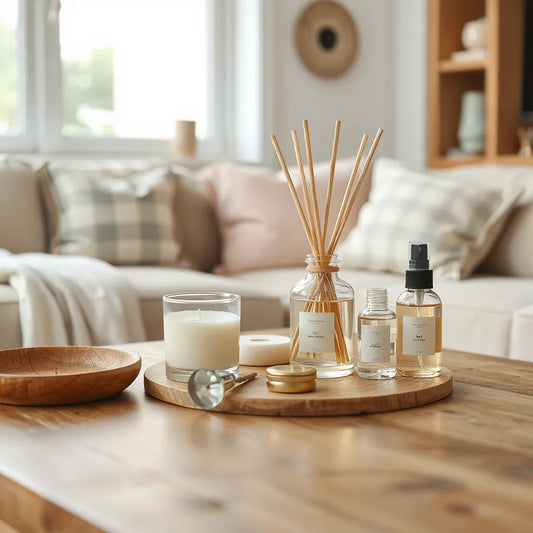 Scented candle and reed diffuser on a coffee table in a softly lit living room