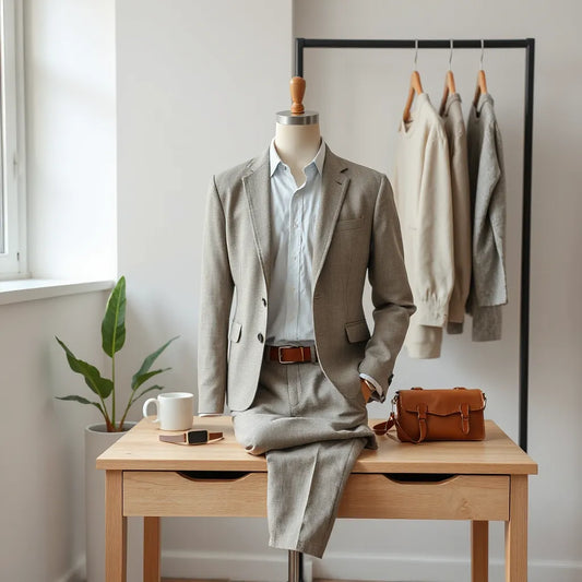 Mannequin in a modern casual outfit with minimalist accessories on a light wood table
