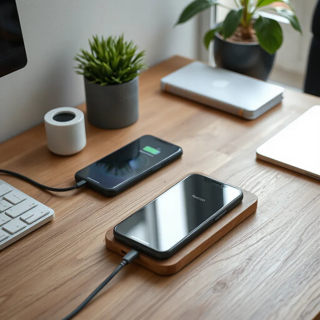 Sleek wireless charging station on a desk with a smartphone resting on the charging pad